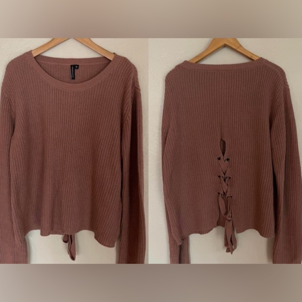 Women’s Moon & Madison XL Taupe Open Tie Back Sweater, NWOT,